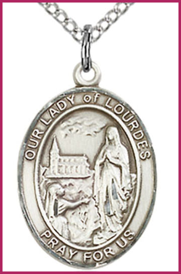 Sterling Silver Medal, 3/4"x9/16", Our Lady of Lourdes, Your Choice of Chain, # 26217