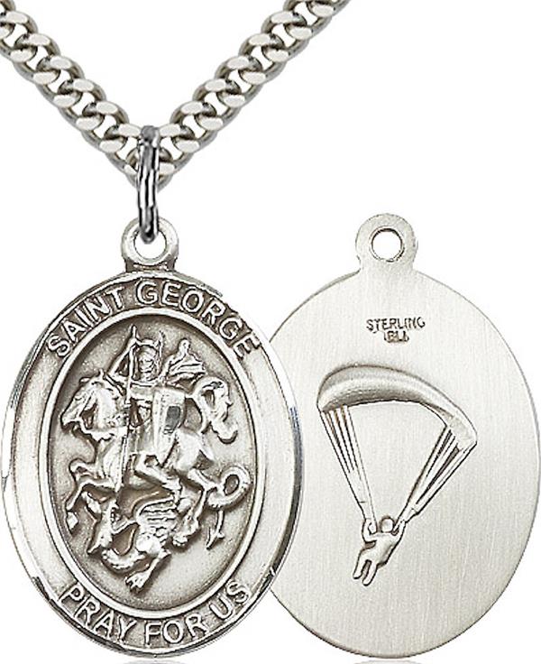 St. George Paratrooper Skydiving Medal, 3/4" tall, Sterling Silver, Your Choice of Chain, # 2620