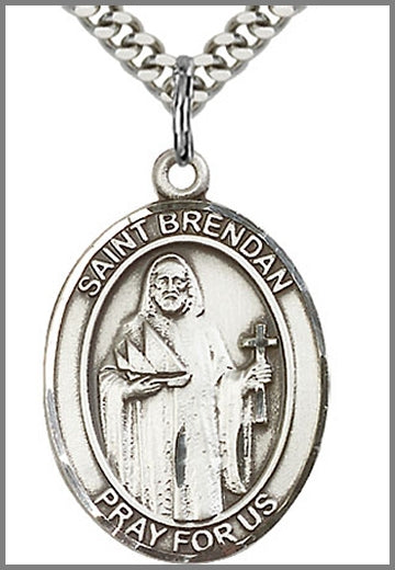 St. Brendan the Navigator Medal, Sterling Silver, 1"x3/4", your choice of chain, # 26254