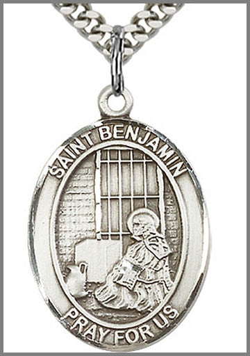 St. Benjamin Medal, Sterling Silver, 1"x3/4", 24" Chain, # 26256-sale