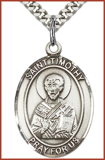 Sterling Silver Medal, 1"x3/4", St. Timothy, Your Choice of Chain, # 26289
