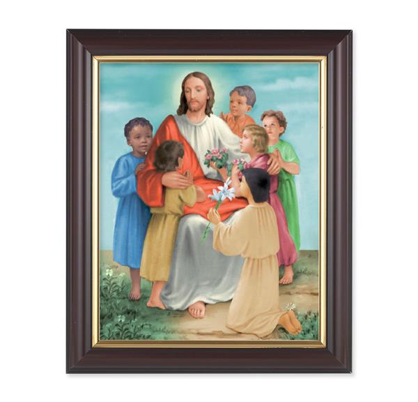 Jesus with Children, 10"x12", Classic Fluted Walnut Finished Frame, Italian Print Under Glass # 26330