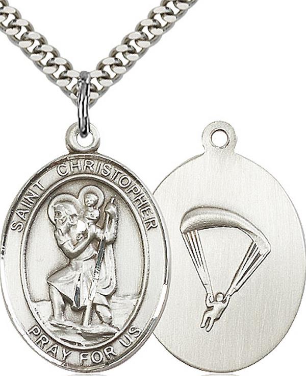 St. Christopher Paratrooper Skydiving Medal, 1" tall, Fine Pewter, Your Choice of Chain, # 2636