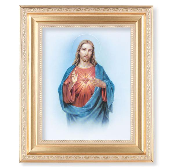 Sacred Heart, 11.5"x13.5" Satin Gold Frame, Distressed Finish with Scrollwork, Italian Print Under Glass # 26380