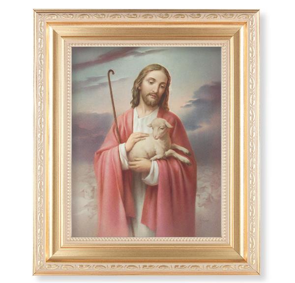 Good Shepherd, 11.5"x13.5" Satin Gold Frame, Distressed Finish with Scrollwork, Italian Print Under Glass # 26381