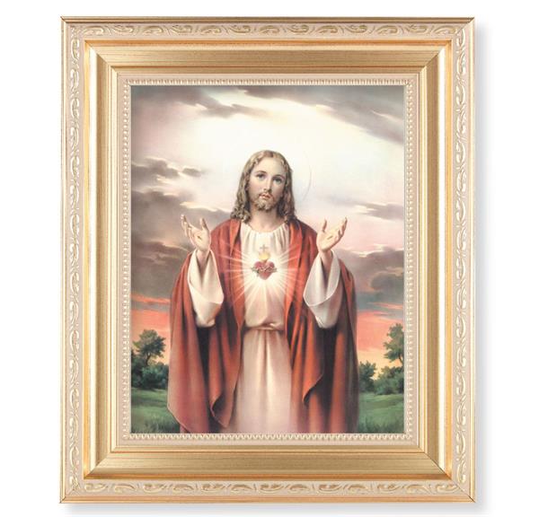 Sacred Heart of Jesus, 11.5"x13.5" Satin Gold Frame, Distressed Finish with Scrollwork, Italian Print Under Glass # 26382
