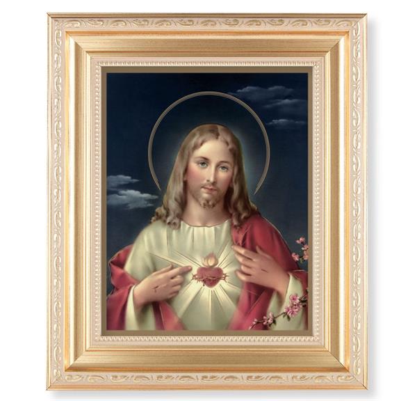 Sacred Heart of Jesus, 11.5"x13.5" Satin Gold Frame, Distressed Finish with Scrollwork, Italian Print Under Glass # 26383