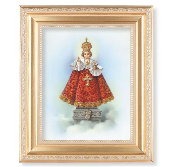Infant of Prague, 11.5"x13.5" Satin Gold Frame, Distressed Finish with Scrollwork, Italian Print Under Glass # 26384