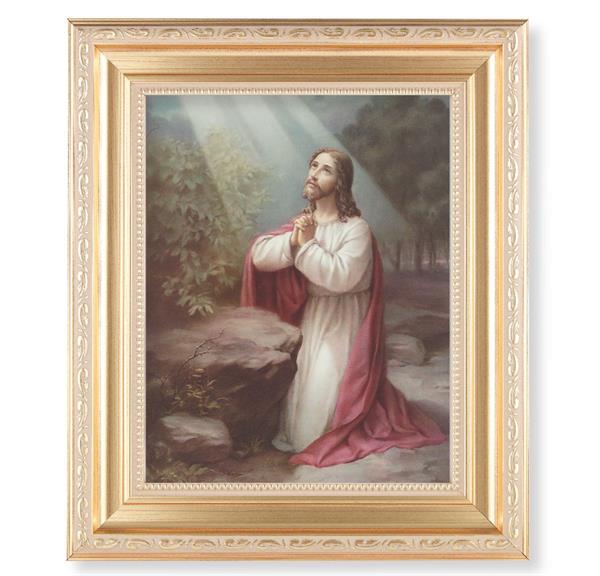 Christ on The Mount of Olives, 11.5"x13.5" Satin Gold Frame, Distressed Finish with Scrollwork, Italian Print Under Glass # 26385