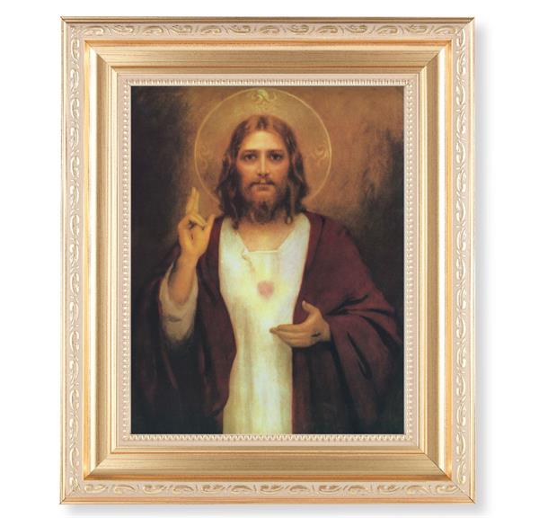 Chambers: Sacred Heart of Jesus, 11.5"x13.5" Satin Gold Frame, Distressed Finish with Scrollwork, Italian Print Under Glass # 26386
