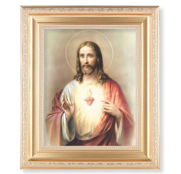 Sacred Heart of Jesus, 11.5"x13.5" Satin Gold Frame, Distressed Finish with Scrollwork, Italian Print Under Glass # 26388