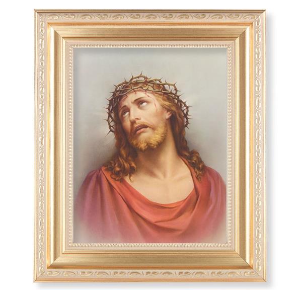 Christ in Agony, 11.5"x13.5" Satin Gold Frame, Distressed Finish with Scrollwork, Italian Print Under Glass # 26389