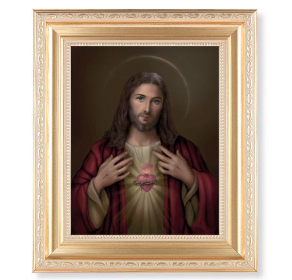 Sacred Heart of Jesus, 11.5"x13.5" Satin Gold Frame, Distressed Finish with Scrollwork, Italian Print Under Glass # 26390