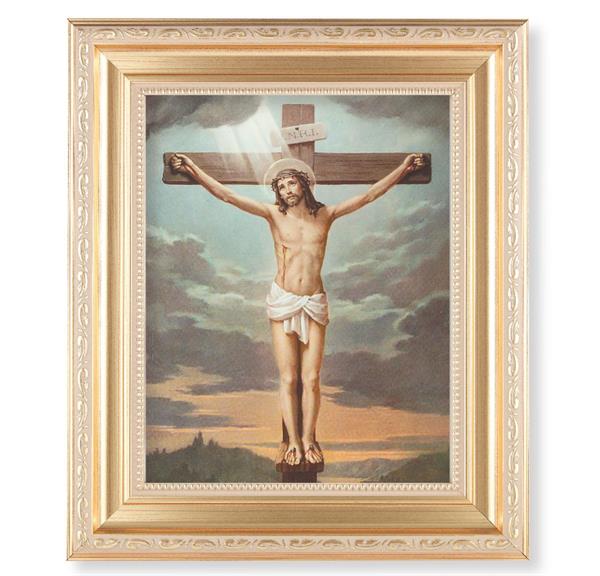 Crucifixion, 11.5"x13.5" Satin Gold Frame, Distressed Finish with Scrollwork, Italian Print Under Glass # 26393