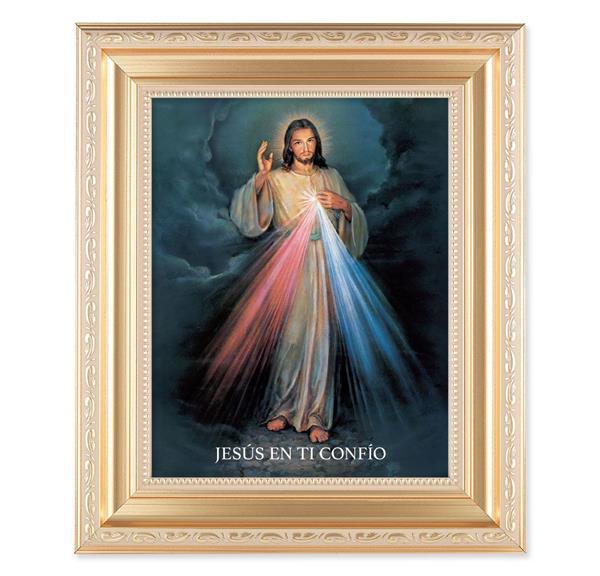 Spansh Divine Mercy, 11.5"x13.5" Satin Gold Frame, Distressed Finish with Scrollwork, Italian Print Under Glass # 26395