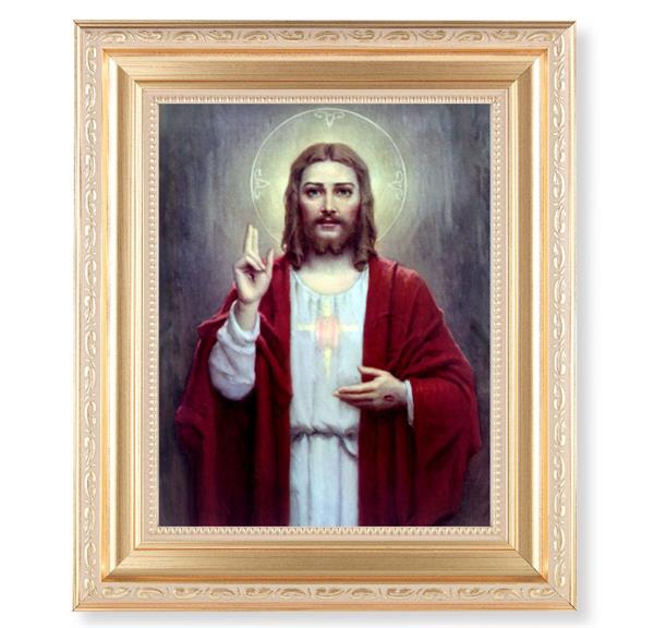 Chambers: Sacred Heart of Jesus, 11.5"x13.5" Satin Gold Frame, Distressed Finish with Scrollwork, Italian Print Under Glass # 26396