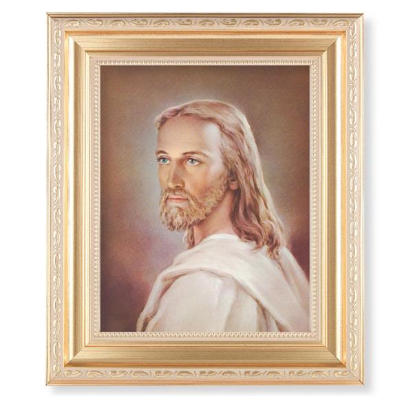 Head of Christ, 11.5"x13.5" Satin Gold Frame, Distressed Finish with Scrollwork, Italian Print Under Glass # 26398