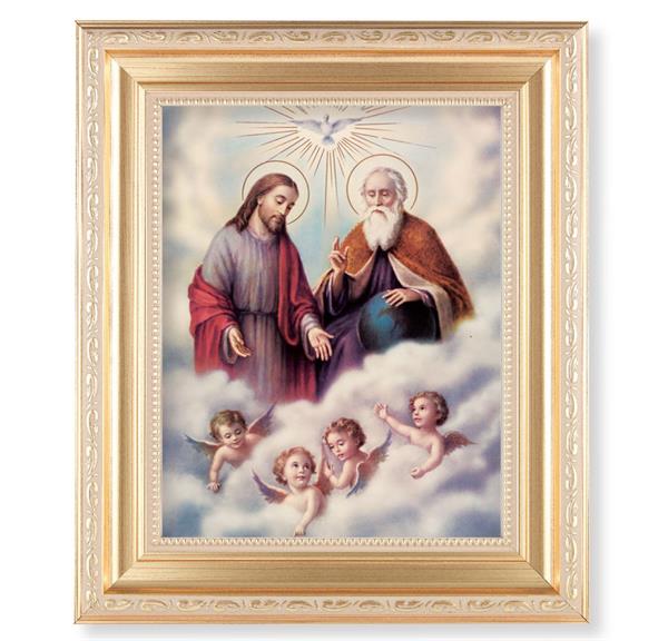 The Holy Trinity, 11.5"x13.5" Satin Gold Frame, Distressed Finish with Scrollwork, Italian Print Under Glass # 26399