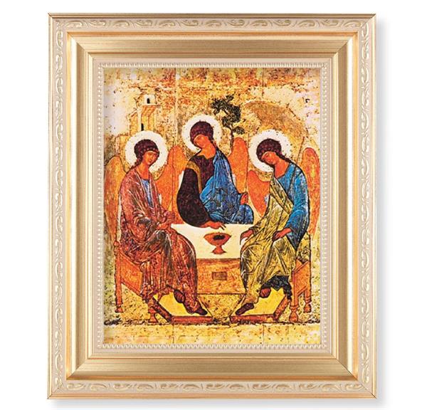 The Holy Trinity Icon, 11.5"x13.5" Satin Gold Frame, Distressed Finish with Scrollwork, Italian Print Under Glass # 26400
