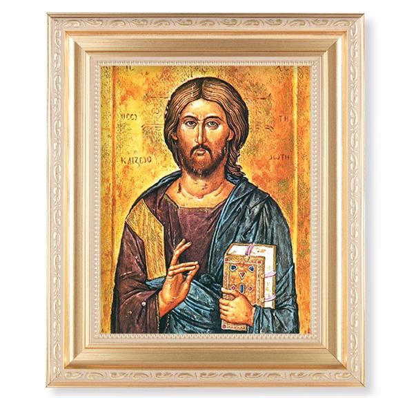 Christ The Teacher Icon, 11.5"x13.5" Satin Gold Frame, Distressed Finish with Scrollwork, Italian Print Under Glass # 26401
