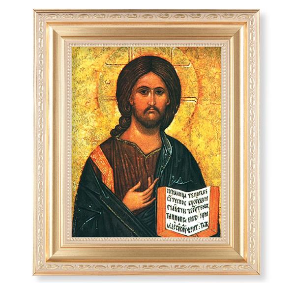 Christ All Knowing Icon, 11.5"x13.5" Satin Gold Frame, Distressed Finish with Scrollwork, Italian Print Under Glass # 26402