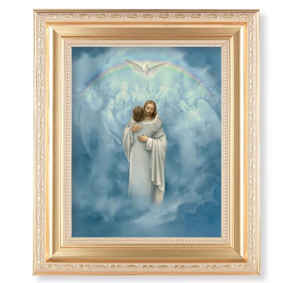 Christ Welcoming Home, 11.5"x13.5" Satin Gold Frame, Distressed Finish with Scrollwork, Italian Print Under Glass # 26404