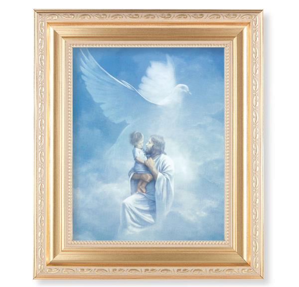 Christ Welcoming Child, 11.5"x13.5" Satin Gold Frame, Distressed Finish with Scrollwork, Italian Print Under Glass # 26405