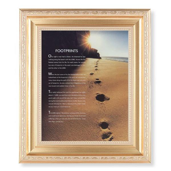 Footprints, 11.5"x13.5" Satin Gold Frame, Distressed Finish with Scrollwork, Italian Print Under Glass # 26406