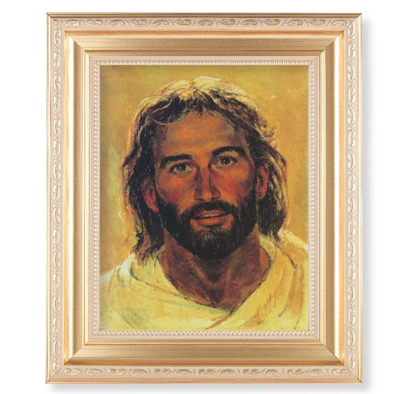 Hook: Head of Christ, 11.5"x13.5" Satin Gold Frame, Distressed Finish with Scrollwork, Italian Print Under Glass # 26409