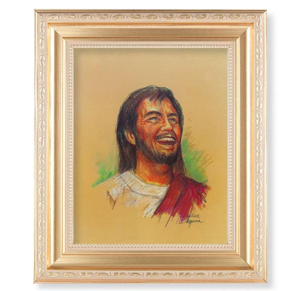 Segura: Laughing Jesus, 11.5"x13.5" Satin Gold Frame, Distressed Finish with Scrollwork, Italian Print Under Glass # 26410