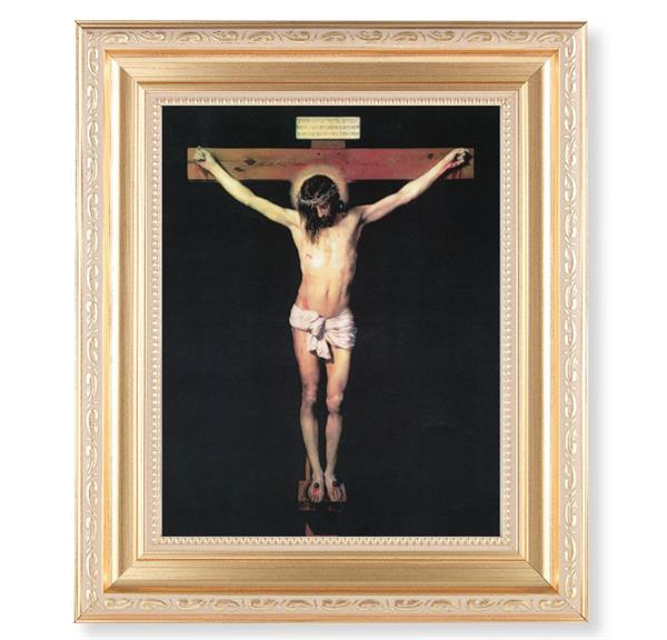 The Crucifixion, 11.5"x13.5" Satin Gold Frame, Distressed Finish with Scrollwork, Italian Print Under Glass # 26412