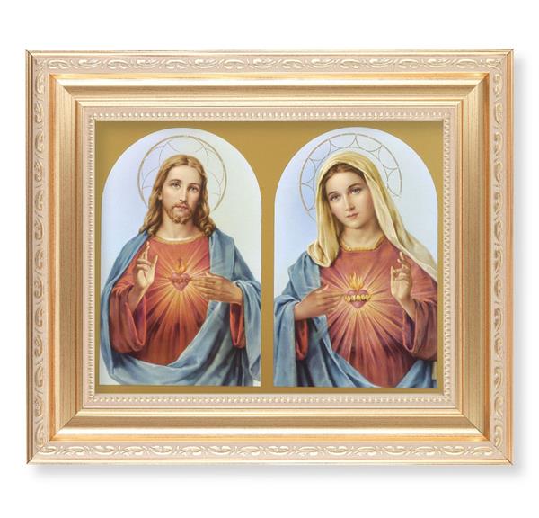 The Sacred Hearts, 11.5"x13.5" Satin Gold Frame, Distressed Finish with Scrollwork, Italian Print Under Glass # 26414