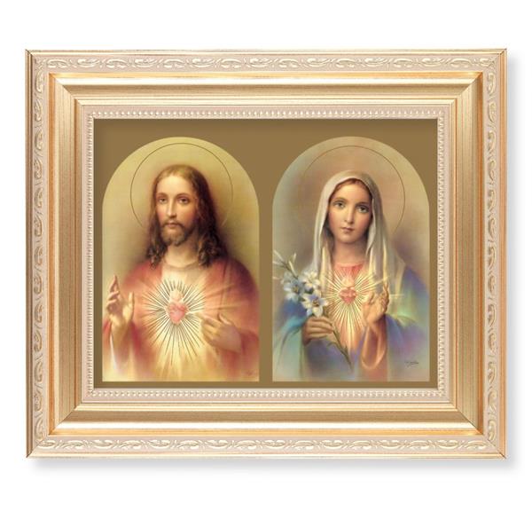 The Sacred Hearts, 11.5"x13.5" Satin Gold Frame, Distressed Finish with Scrollwork, Italian Print Under Glass # 26415