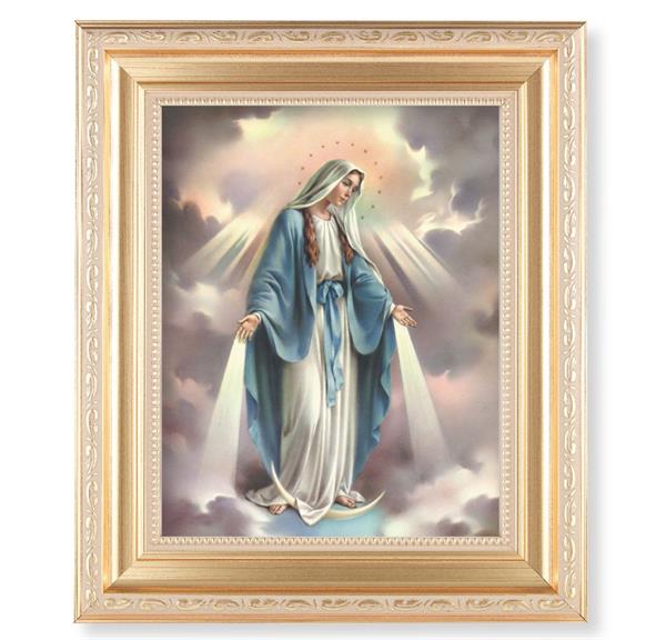 Our Lady of Grace, 11.5"x13.5" Satin Gold Frame, Distressed Finish with Scrollwork, Italian Print Under Glass # 26417