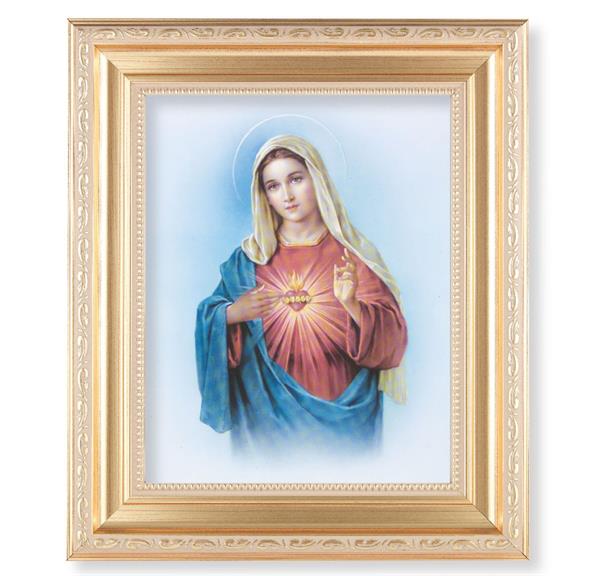 Immaculate Heart of Mary, 11.5"x13.5" Satin Gold Frame, Distressed Finish with Scrollwork, Italian Print Under Glass # 26418