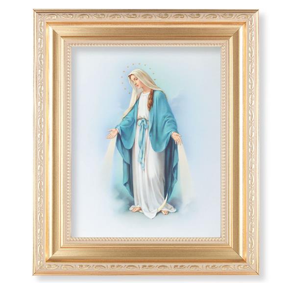 Our Lady of Grace, 11.5"x13.5" Satin Gold Frame, Distressed Finish with Scrollwork, Italian Print Under Glass # 26419