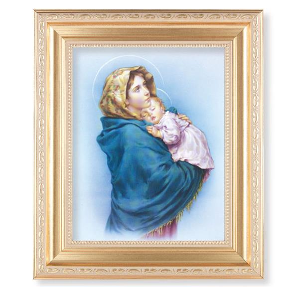 Madonna of The Street, 11.5"x13.5" Satin Gold Frame, Distressed Finish with Scrollwork, Italian Print Under Glass # 26420