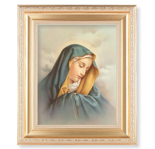 Our Lady of Sorrows, 11.5"x13.5" Satin Gold Frame, Distressed Finish with Scrollwork, Italian Print Under Glass # 26421