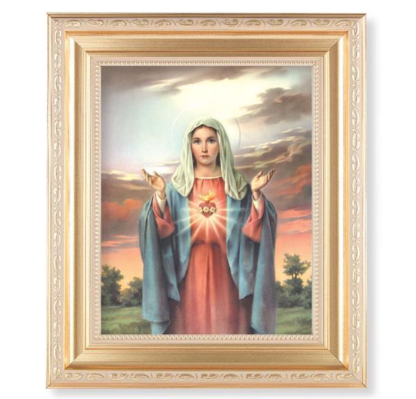 Immaculate Heart of Mary, 11.5"x13.5" Satin Gold Frame, Distressed Finish with Scrollwork, Italian Print Under Glass # 26422