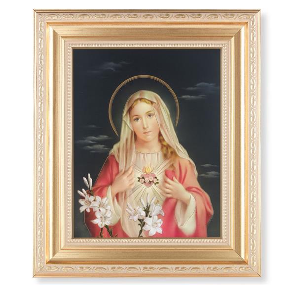 Immaculate Heart of Mary, 11.5"x13.5" Satin Gold Frame, Distressed Finish with Scrollwork, Italian Print Under Glass # 26423