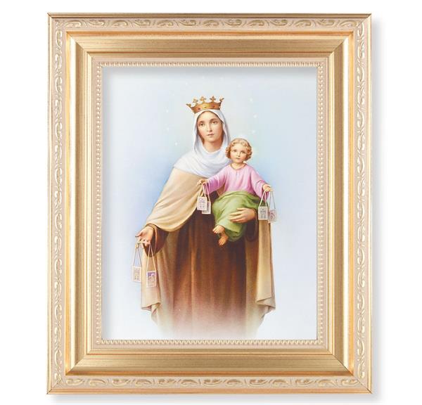 Our Lady of Mount Carmel, 11.5"x13.5" Satin Gold Frame, Distressed Finish with Scrollwork, Italian Print Under Glass # 26424