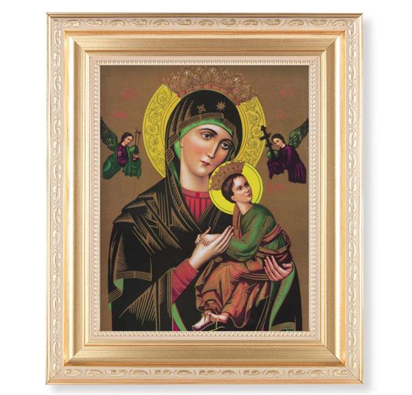 Our Lady of Perpetual Help, 11.5"x13.5" Satin Gold Frame, Distressed Finish with Scrollwork, Italian Print Under Glass # 26425