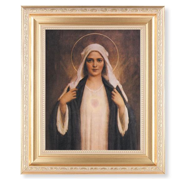 Chambers: Immaculate Heart of Mary, 11.5"x13.5" Satin Gold Frame, Distressed Finish with Scrollwork, Italian Print Under Glass # 26426