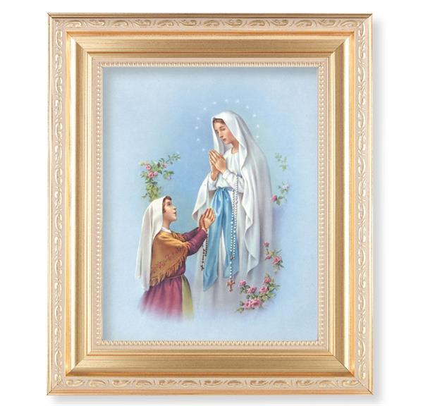 Our Lady of Lourdes, 11.5"x13.5" Satin Gold Frame, Distressed Finish with Scrollwork, Italian Print Under Glass # 26427