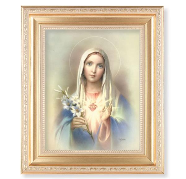 Immaculate Heart of Mary, 11.5"x13.5" Satin Gold Frame, Distressed Finish with Scrollwork, Italian Print Under Glass # 26428