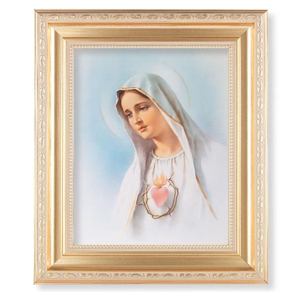 Immaculate Heart of Mary, 11.5"x13.5" Satin Gold Frame, Distressed Finish with Scrollwork, Italian Print Under Glass # 26430