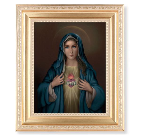 Immaculate Heart of Mary, 11.5"x13.5" Satin Gold Frame, Distressed Finish with Scrollwork, Italian Print Under Glass # 26431