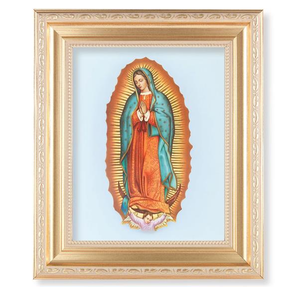 Our Lady of Guadalupe, 11.5"x13.5" Satin Gold Frame, Distressed Finish with Scrollwork, Italian Print Under Glass # 26432