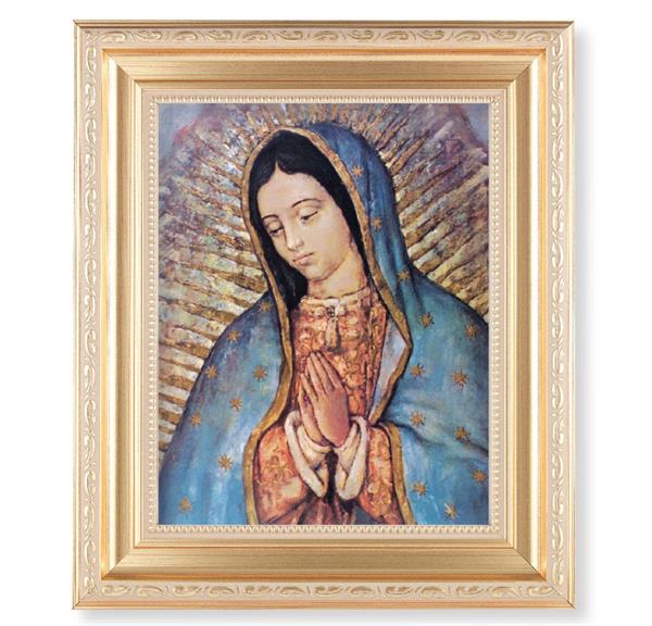 Our Lady of Guadalupe, 11.5"x13.5" Satin Gold Frame, Distressed Finish with Scrollwork, Italian Print Under Glass # 26433