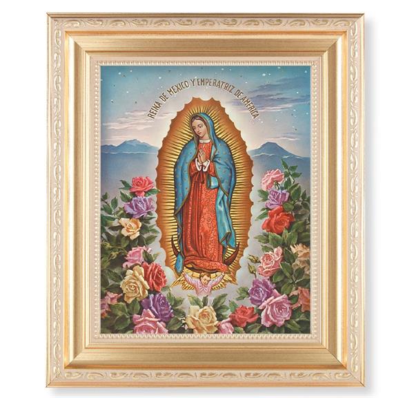 Our Lady of Guadalupe, 11.5"x13.5" Satin Gold Frame, Distressed Finish with Scrollwork, Italian Print Under Glass # 26434